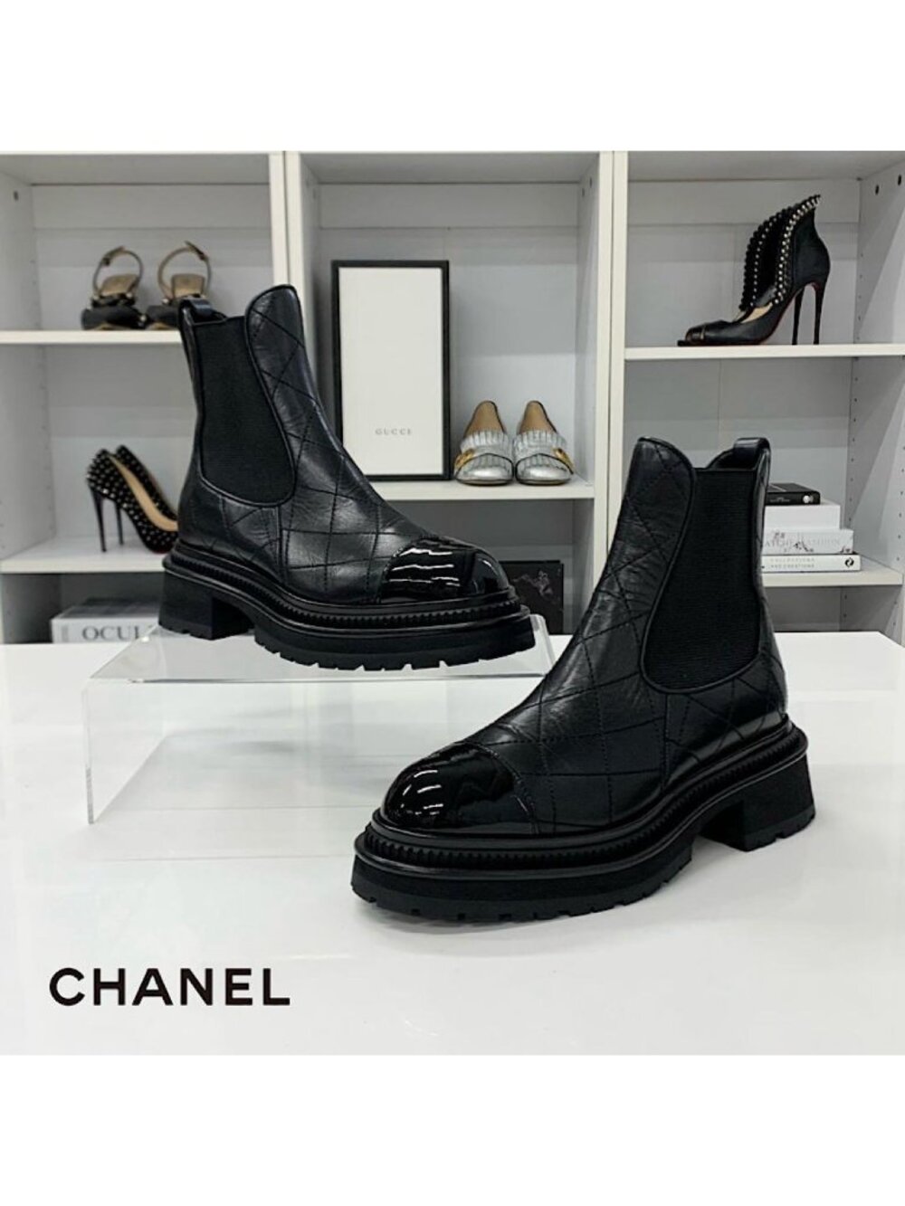 Chanel Quilted Logo Leather Patent Side Gore Short Boots